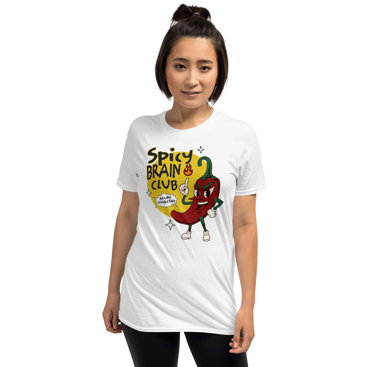 Person wearing a white t-shirt with a pepper graphic and text on a white background: Spicy Brain Club Shirt, Funny Neurodivergent Tee, Autism Awareness T-Shirt, Neurospicy Gift For Autistic, AuDHD Affirming, Therapist Gift
