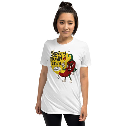 Person wearing a white t-shirt with a pepper graphic and text on a white background: Spicy Brain Club Shirt, Funny Neurodivergent Tee, Autism Awareness T-Shirt, Neurospicy Gift For Autistic, AuDHD Affirming, Therapist Gift