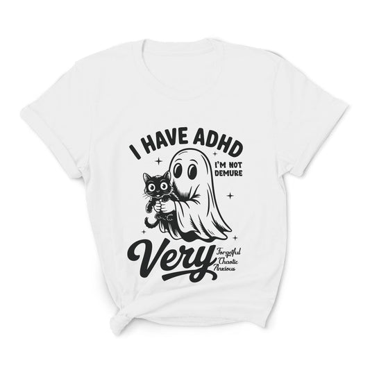 White t-shirt with black graphic design featuring a ghost and cat, and text on a white background: Spooky ADHD Shirt, Funny Neurodiversity Halloween Tee, Neurospicy Gift For AuDHD, Mental Health Awareness Tshirt, Cute Neurodivergent Ghost