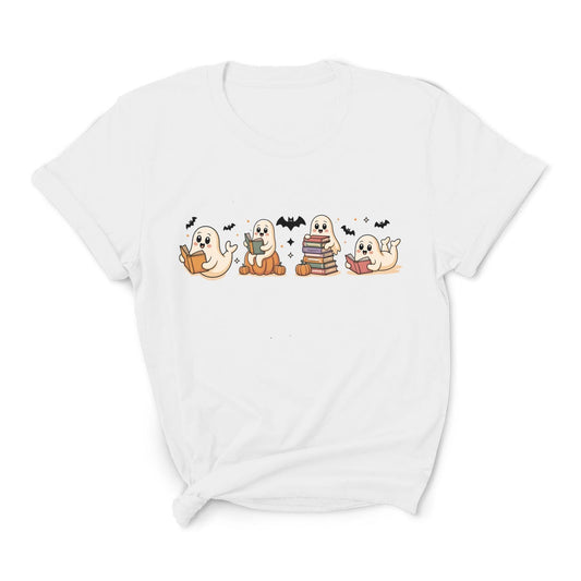White t-shirt with cartoon ghosts design on a white background: Spooky Book Club Shirt, Ghost Bookish Halloween Tee, Fall Library T-Shirt, Reading Gift For Book Lover Or Teacher Cute Trick Or Treat Outfit