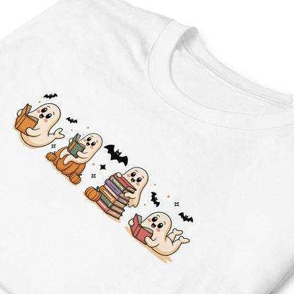 White t-shirt with cartoon ghosts playing instruments on a white background: Spooky Book Club Shirt, Ghost Bookish Halloween Tee, Fall Library T-Shirt, Reading Gift For Book Lover Or Teacher Cute Trick Or Treat Outfit