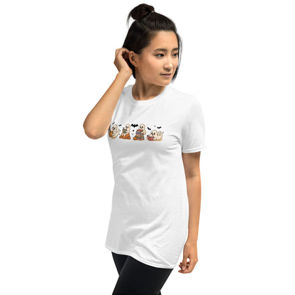 Person wearing a white t-shirt with cartoon dog designs on a white background: Spooky Book Club Shirt, Ghost Bookish Halloween Tee, Fall Library T-Shirt, Reading Gift For Book Lover Or Teacher Cute Trick Or Treat Outfit