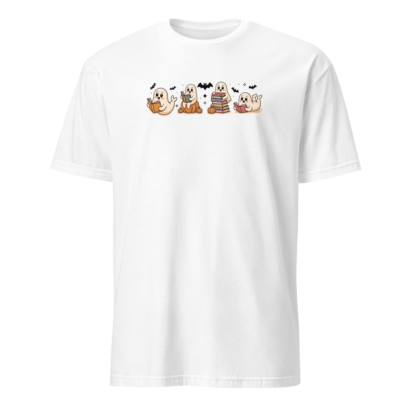 White t-shirt with cartoon ghost design on a white background: Spooky Book Club Shirt, Ghost Bookish Halloween Tee, Fall Library T-Shirt, Reading Gift For Book Lover Or Teacher Cute Trick Or Treat Outfit