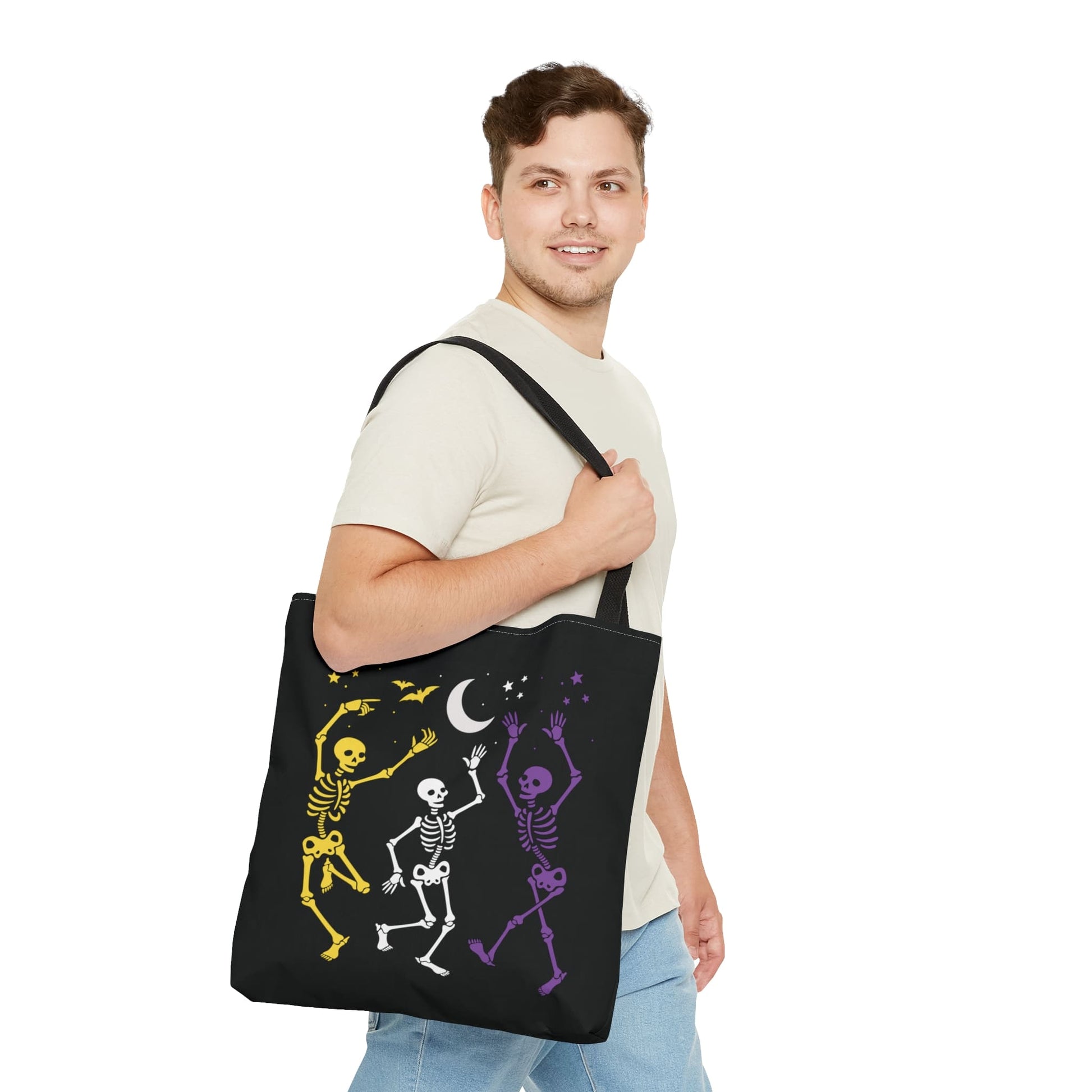 nonbinary halloween tote bag, spooky dancing skeletons enby pride bag, medium