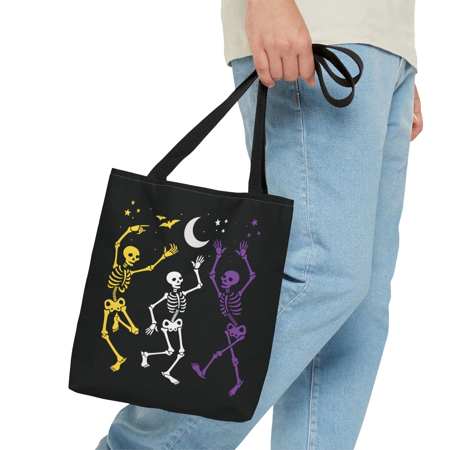 nonbinary halloween tote bag, spooky dancing skeletons enby pride bag, small