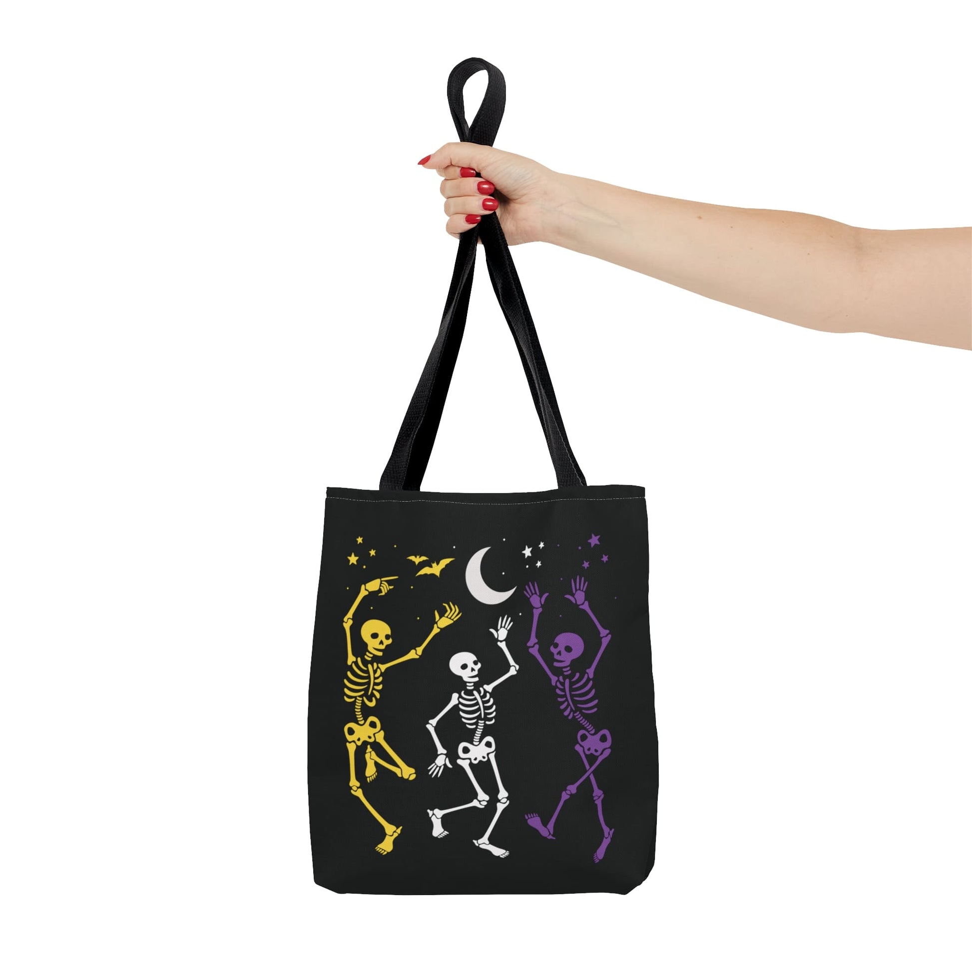 nonbinary halloween tote bag, spooky dancing skeletons enby pride bag, small