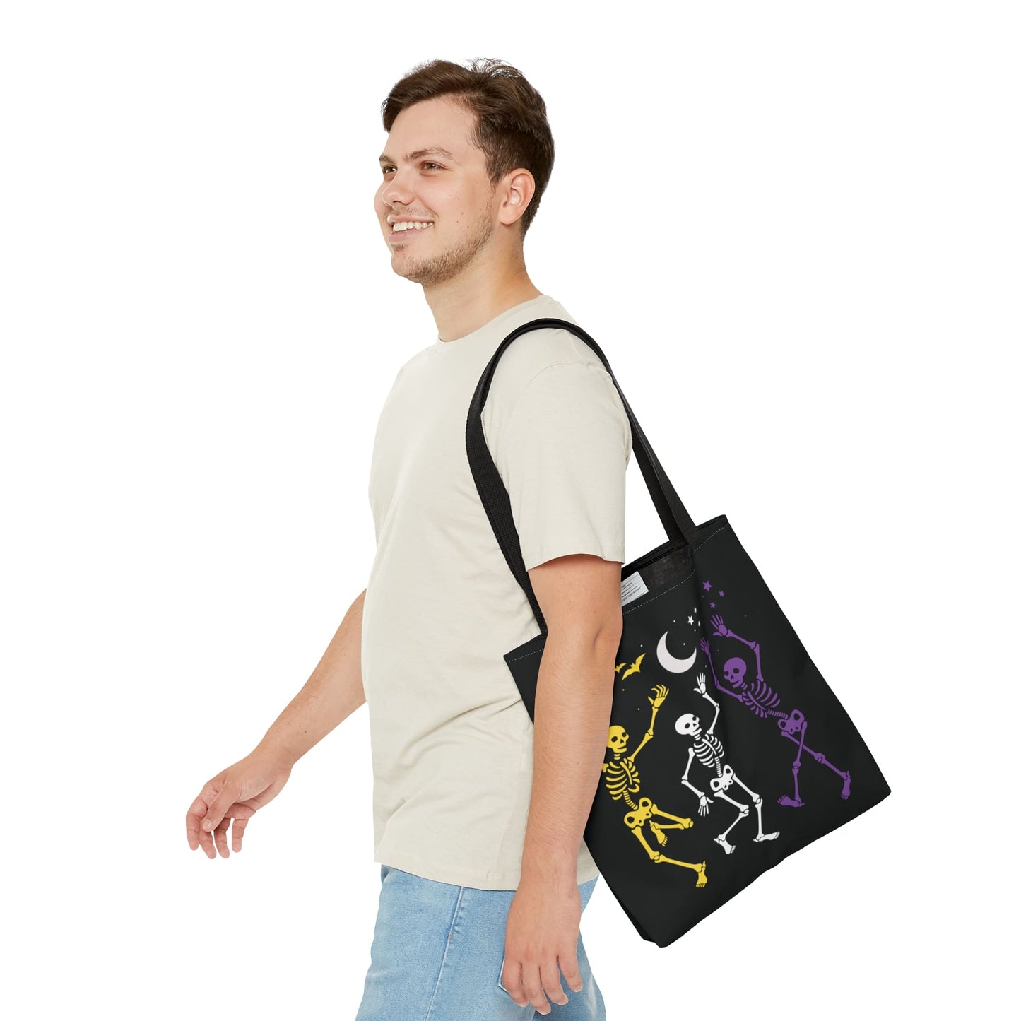 nonbinary halloween tote bag, spooky dancing skeletons enby pride bag, medium