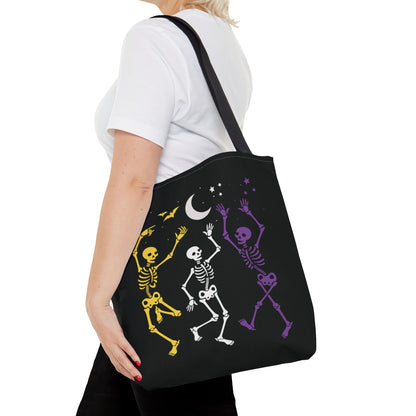 nonbinary halloween tote bag, spooky dancing skeletons enby pride bag, medium