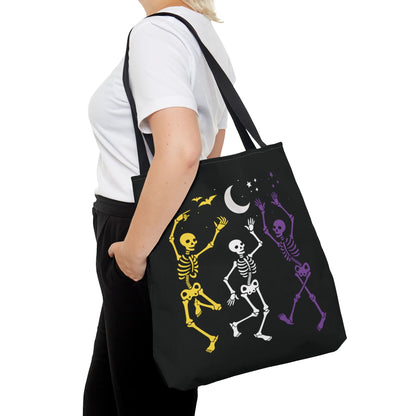 nonbinary halloween tote bag, spooky dancing skeletons enby pride bag, large