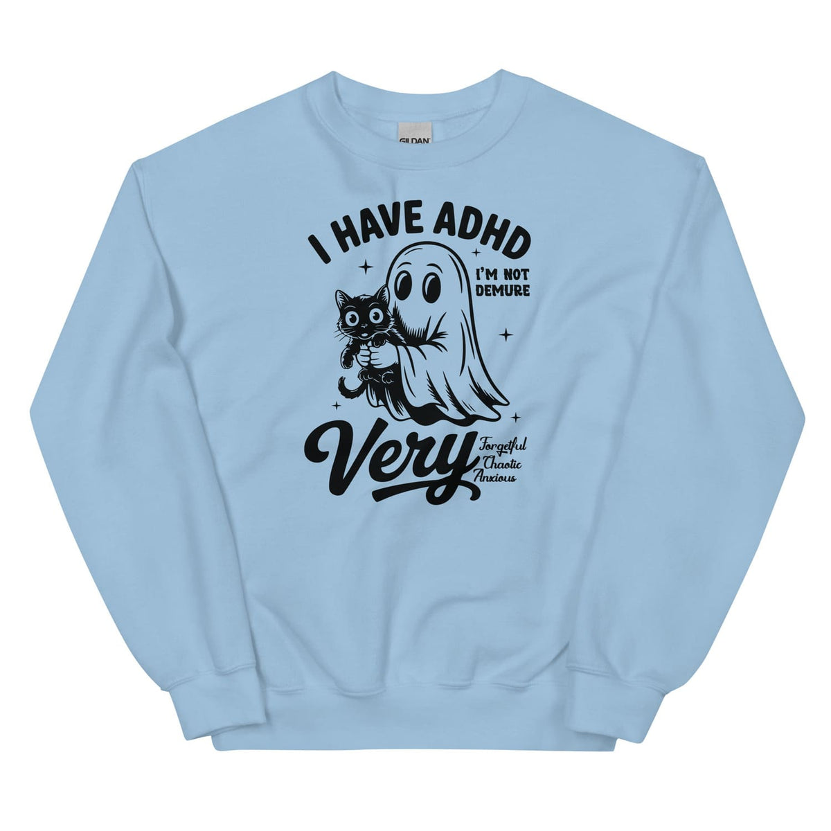 Light blue spooky ADHD sweatshirt with a graphic design and text on a white background