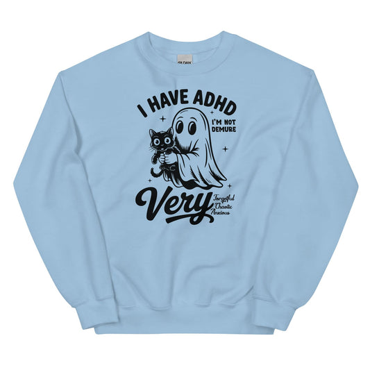 Light blue spooky ADHD sweatshirt with a graphic design and text on a white background