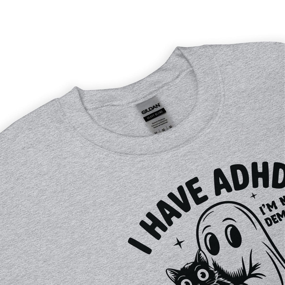 Gray spooky ADHD sweatshirt with black text and graphic design on a white background