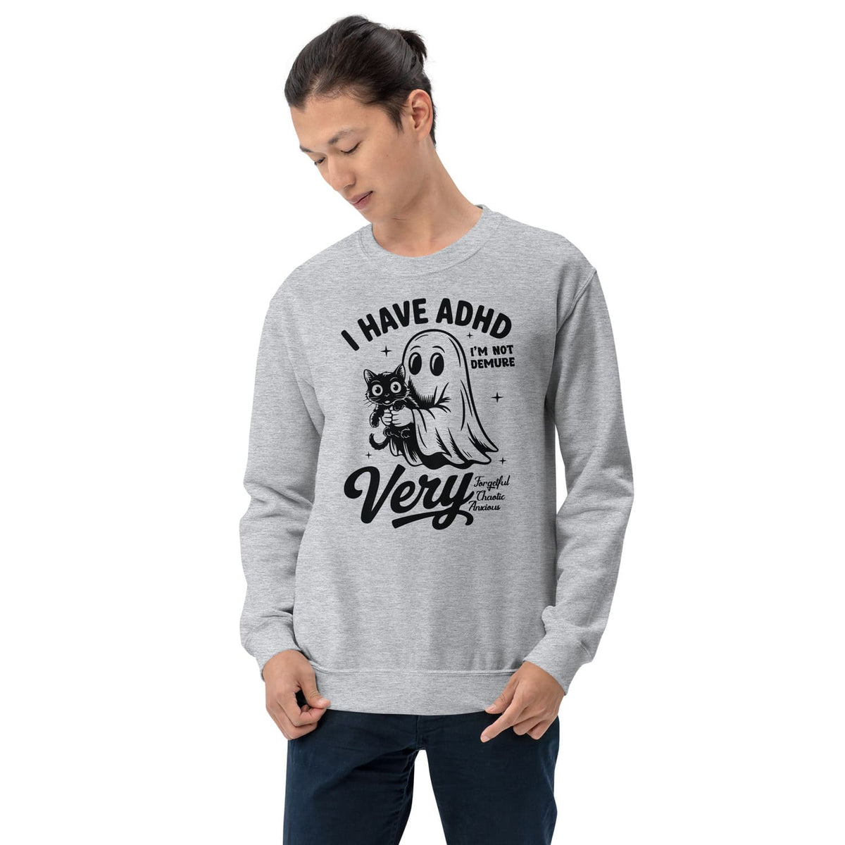 Person wearing a gray sweatshirt with a spooky ADHD design and text on a white background