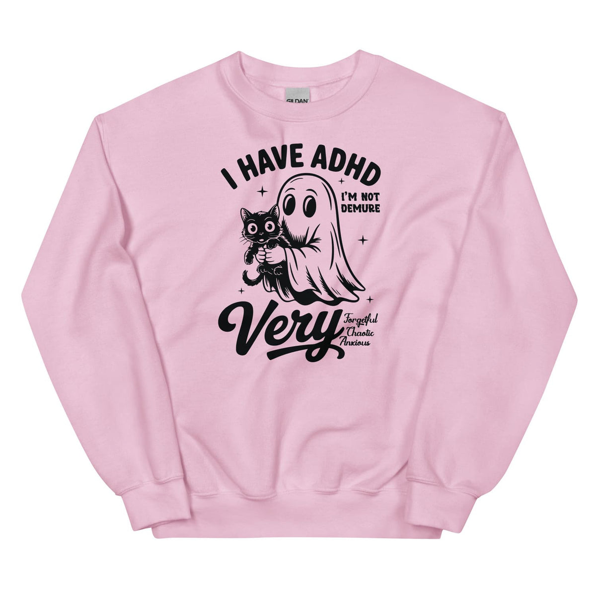 Pink ADHD sweatshirt with a graphic design featuring a ghost and cat, and text on a white background.