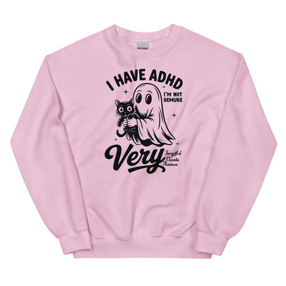 Pink ADHD sweatshirt with a graphic design featuring a ghost and cat, and text on a white background.