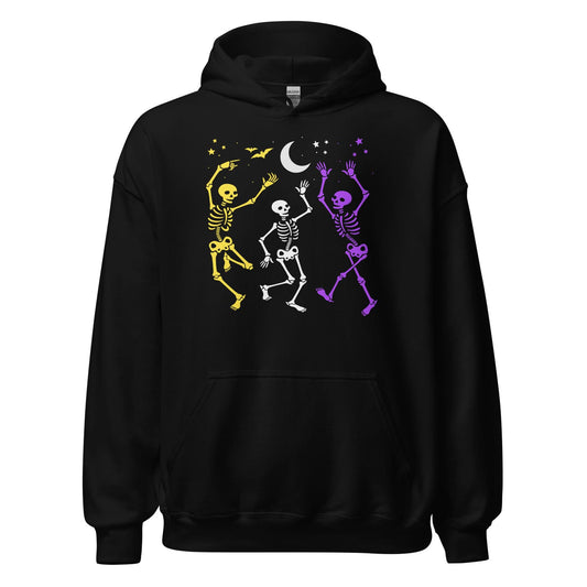 Black hoodie with nonbinary skeleton design on a white background