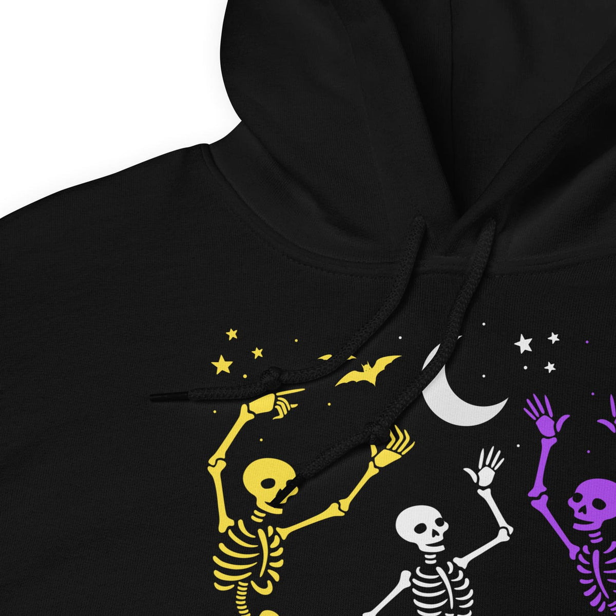 Black hoodie with nonbinary dancing skeleton designs in yellow, white, and purple on a white background 