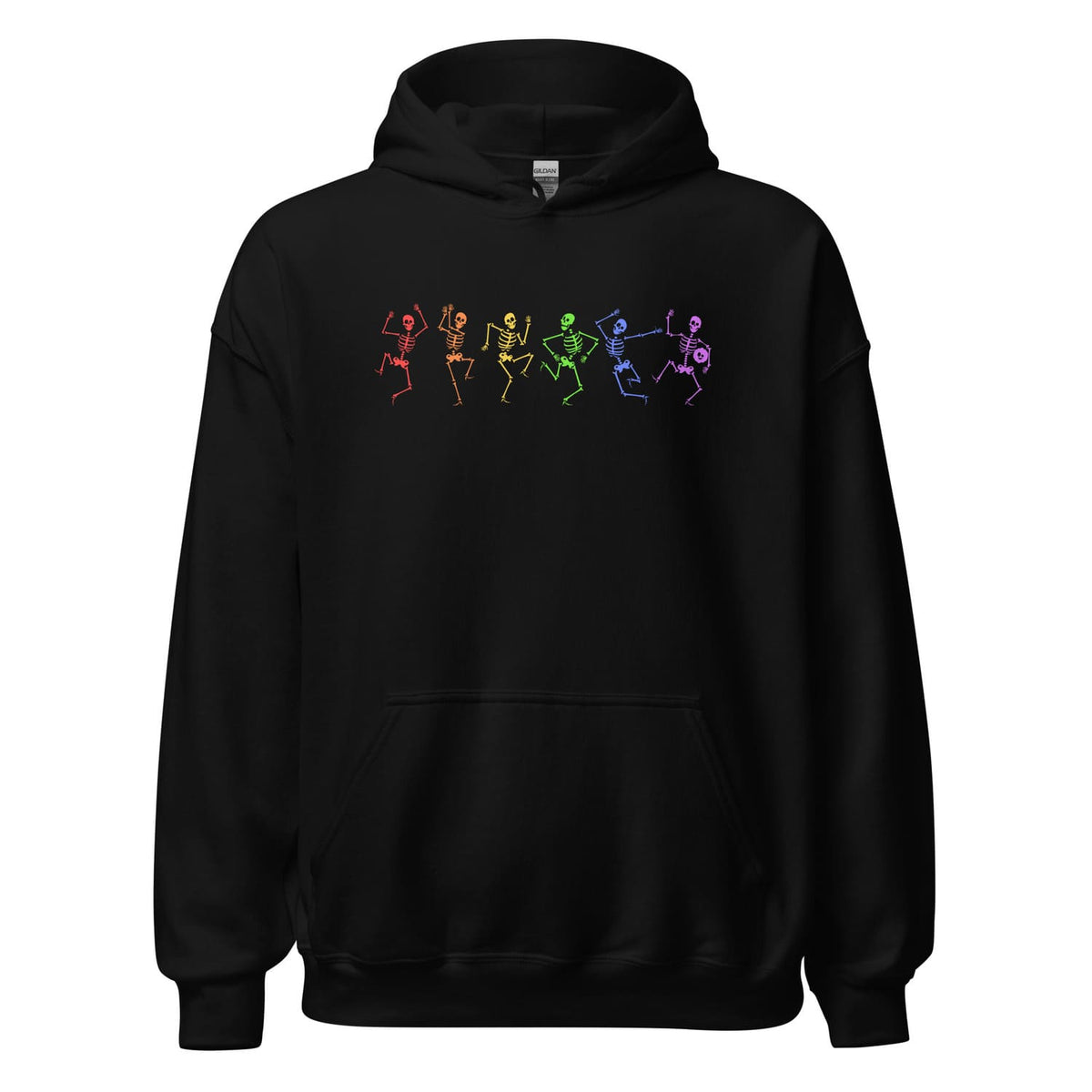 Black hoodie with colorful rainbow lgbtq skeleton dancing design on a white background