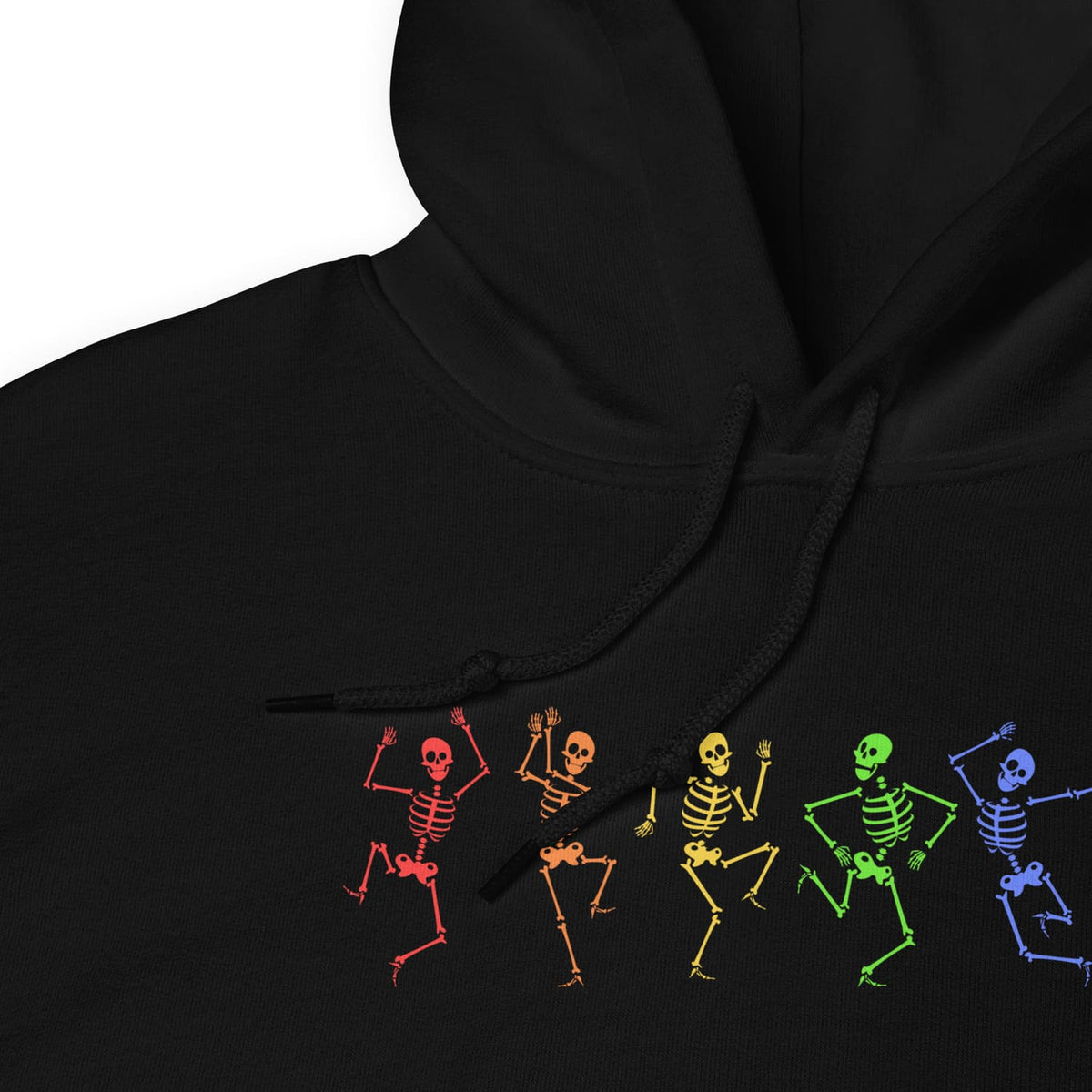 Black hoodie with colorful lgbtq skeleton designs on a white background