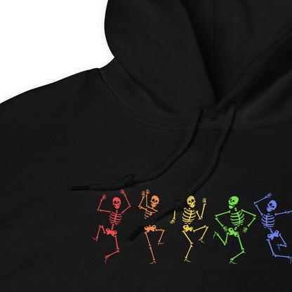 Black hoodie with colorful lgbtq skeleton designs on a white background