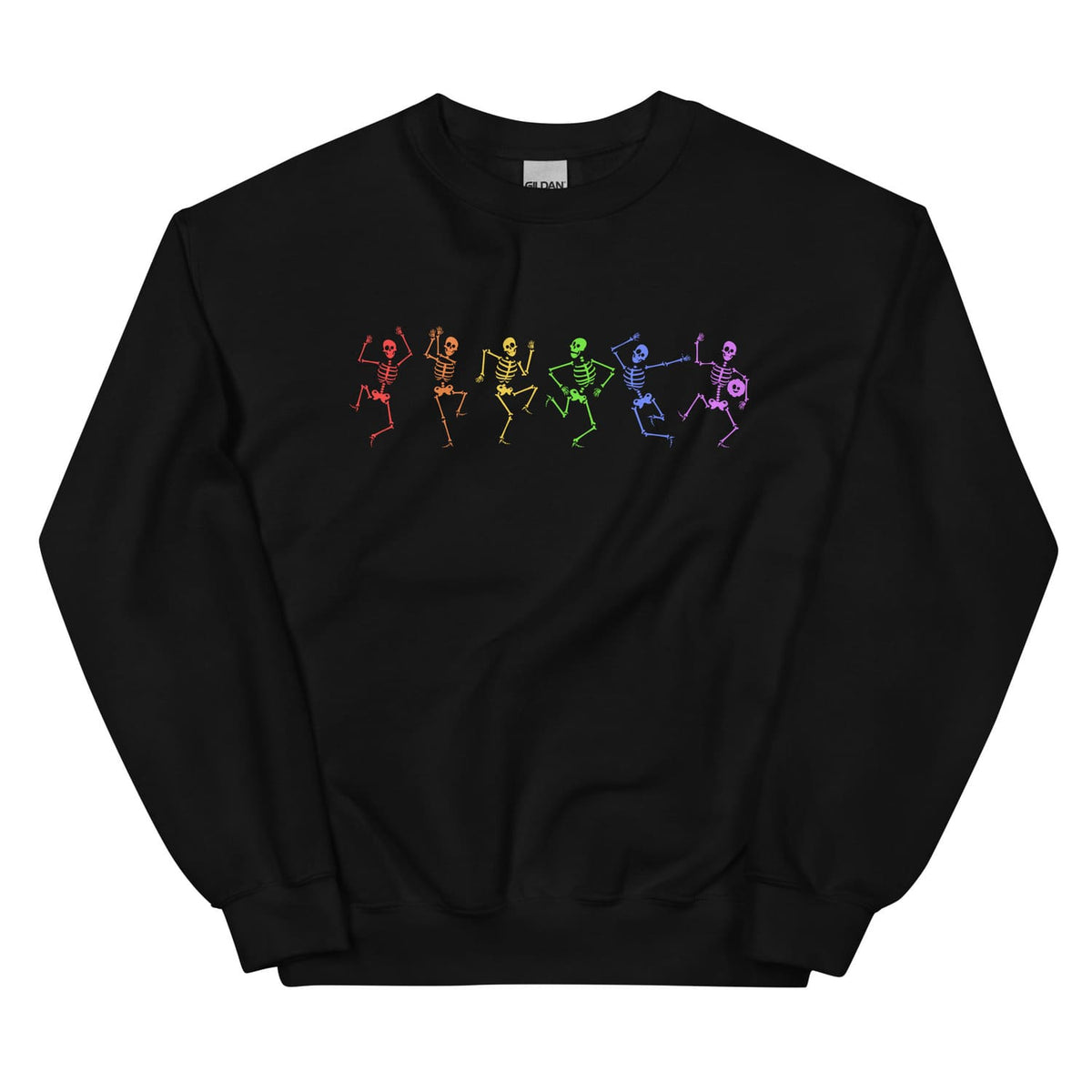 Halloween sweatshirt with rainbow lgbtq skeleton dancing graphics on a white background