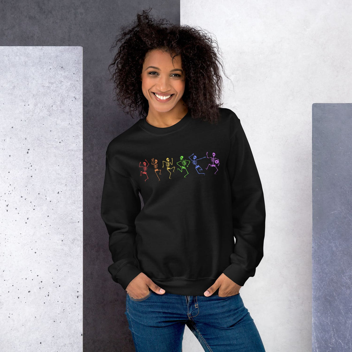 woman wearing cute lgbtq dancing skeletons spooky sweatshirt
