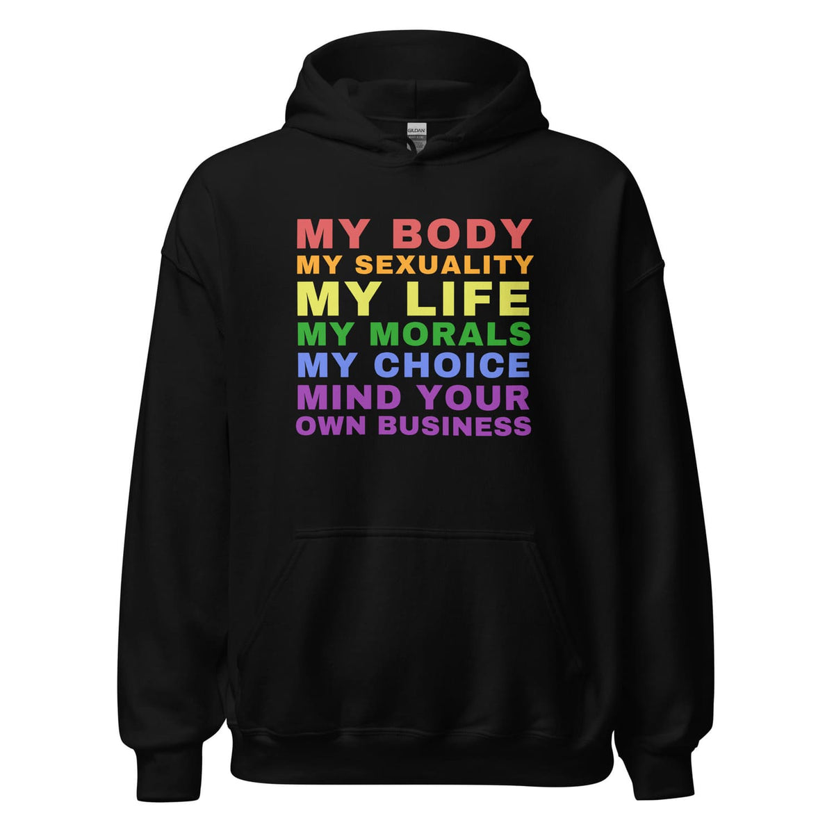 Black hoodie with rainbow-colored lgbtq text on a white background