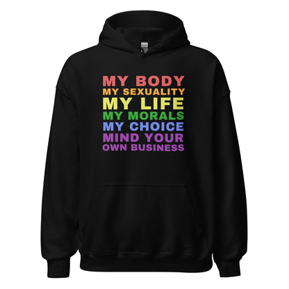 Black hoodie with rainbow-colored lgbtq text on a white background