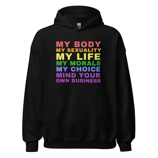 Black hoodie with rainbow-colored lgbtq text on a white background