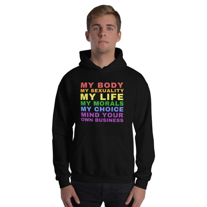 Person wearing a black hoodie with colorful rainbow lgbtq text message on a white background