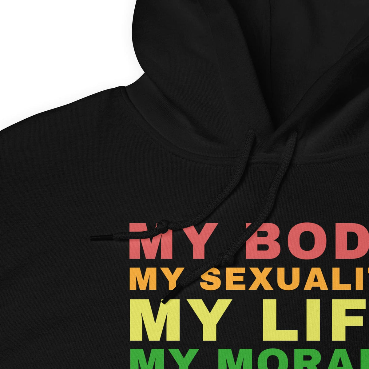 Black hoodie with colorful rainbow lgbtq text on a white background, detail 