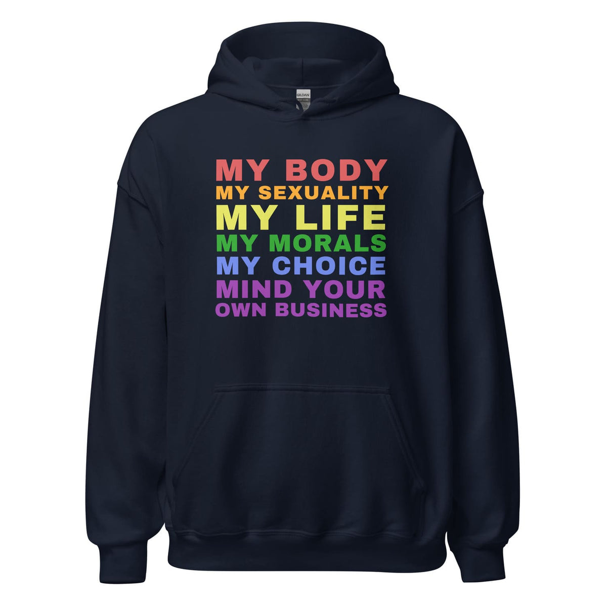 Navy hoodie with rainbow-colored lgbtq text on a white background