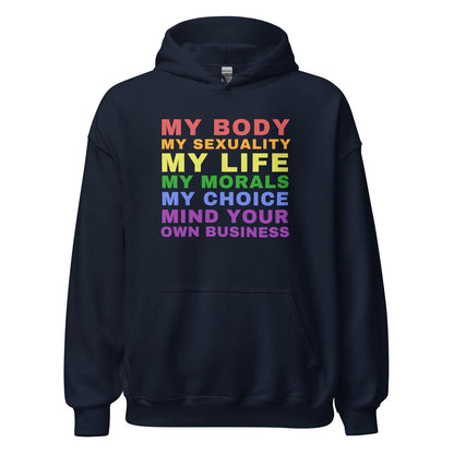 Navy hoodie with rainbow-colored lgbtq text on a white background
