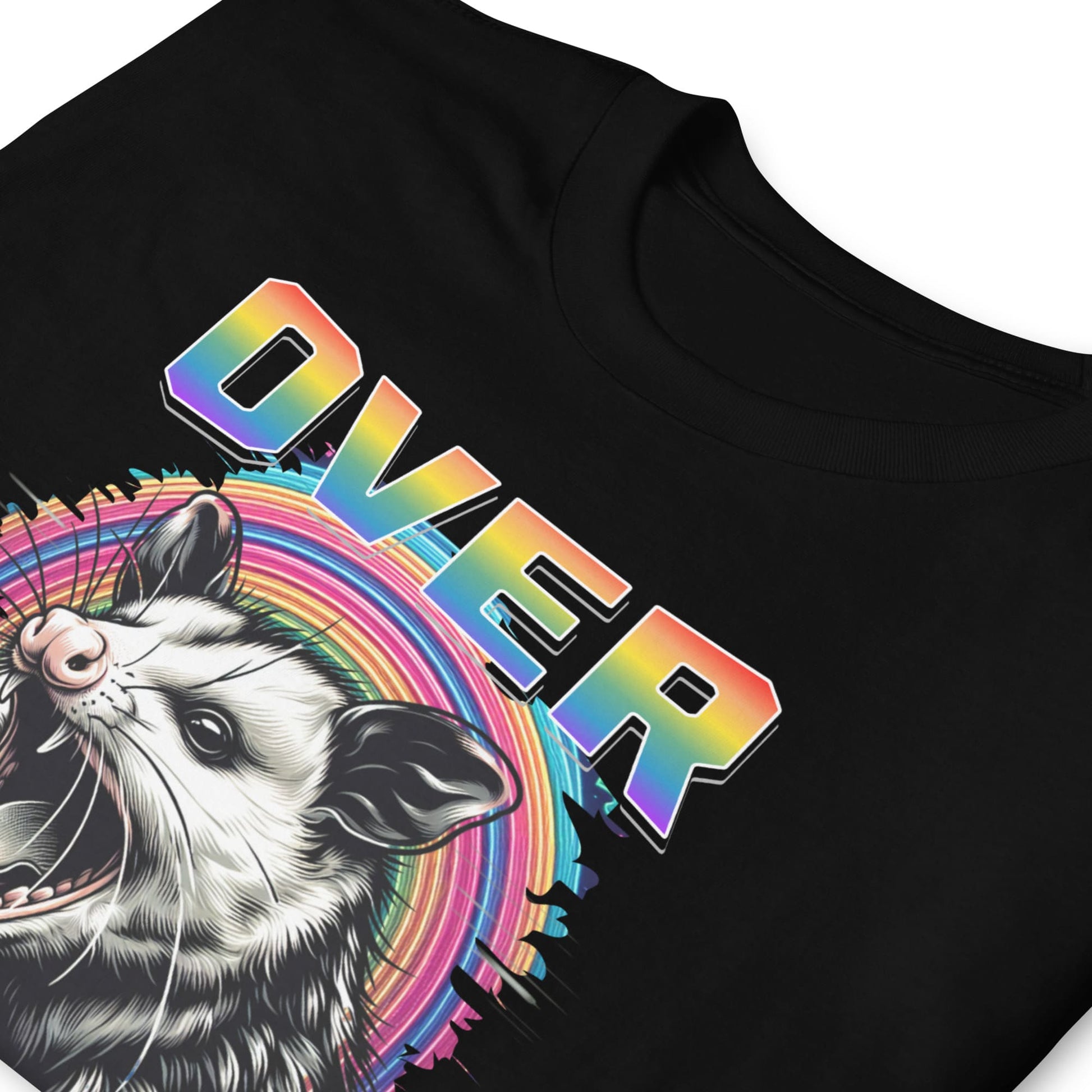 Black t-shirt with a graphic of an opossum and a rainbow-colored 'OVERSTIMULATED' text: Subtle LGBT Overstimulated Shirt, Unhinged Opossum Gay Pride Tee, Queer Neurodivergent T-Shirt, Neurospicy Gift For Autistic ADHD AUDHD