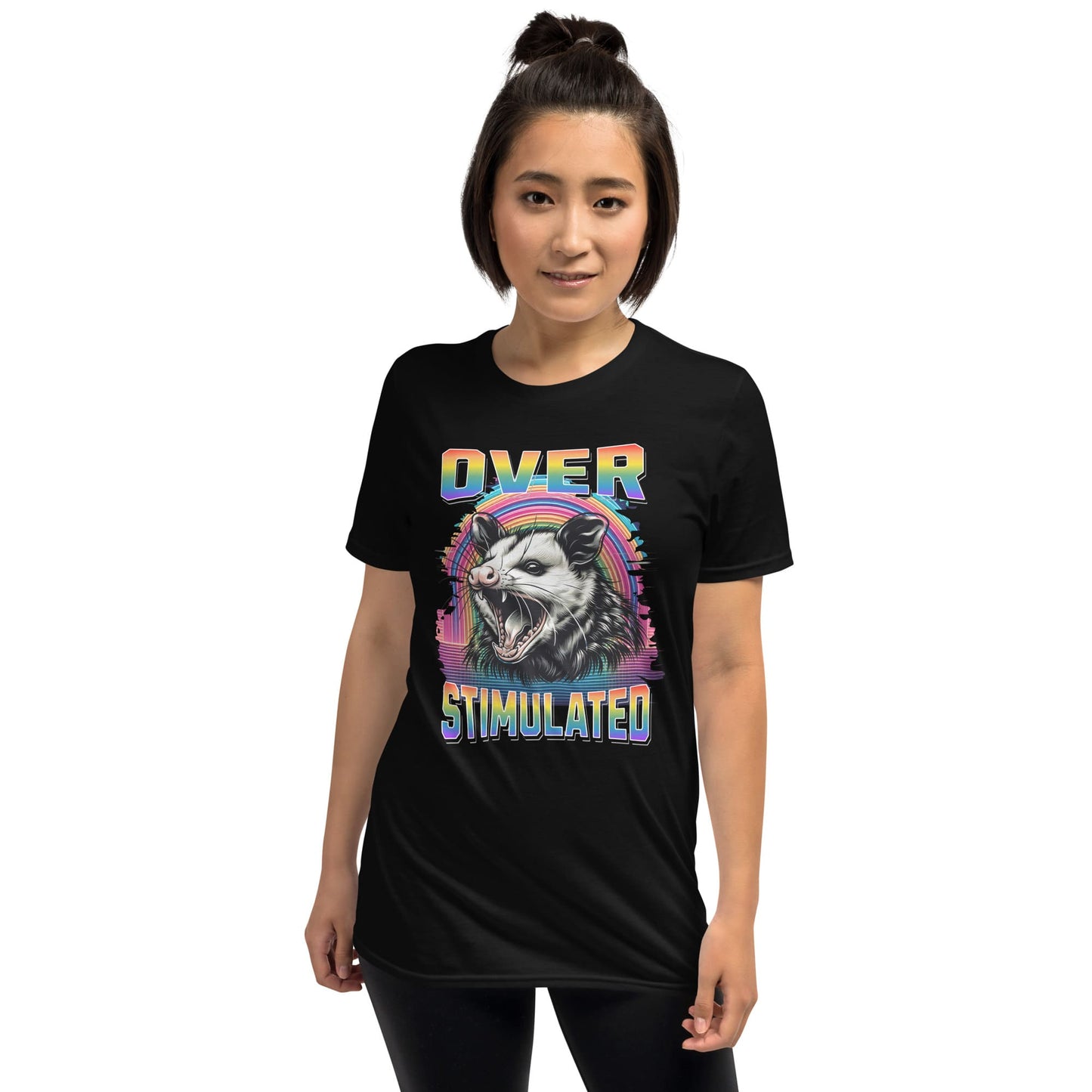 Person wearing a black t-shirt with a colorful graphic and text on a white background: Subtle LGBT Overstimulated Shirt, Unhinged Opossum Gay Pride Tee, Queer Neurodivergent T-Shirt, Neurospicy Gift For Autistic ADHD AUDHD