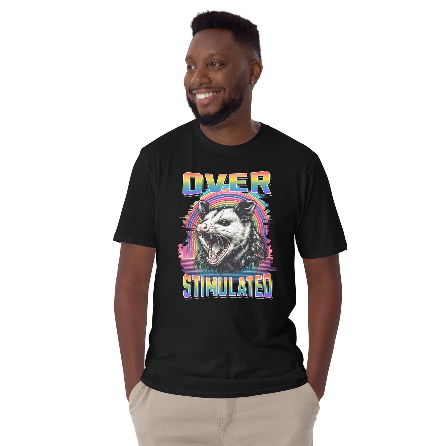 Man wearing a black t-shirt with a graphic design and text on a white background: Subtle LGBT Overstimulated Shirt, Unhinged Opossum Gay Pride Tee, Queer Neurodivergent T-Shirt, Neurospicy Gift For Autistic ADHD AUDHD
