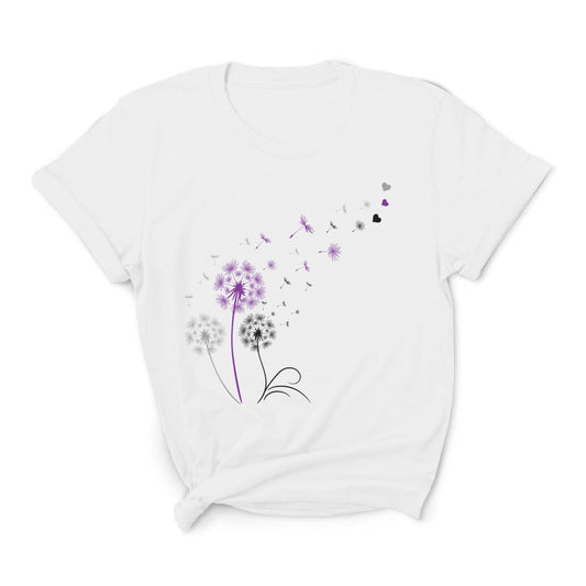 White t-shirt with a dandelion graphic on a white background