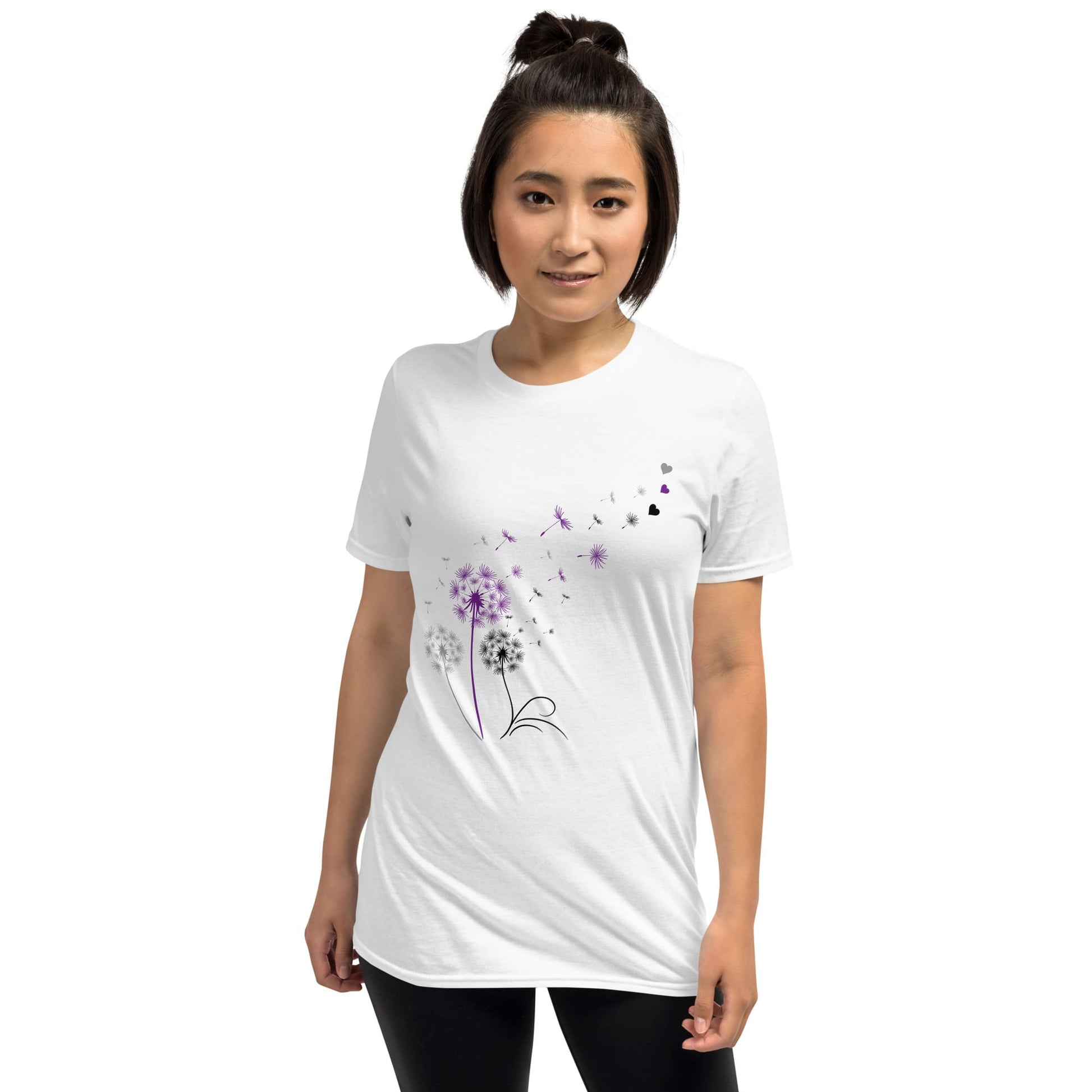 Woman wearing a white t-shirt with a floral design on a white background
