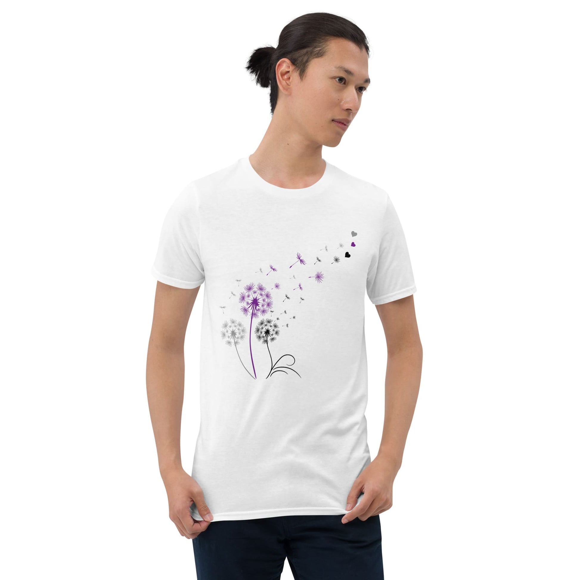 Man wearing a white t-shirt with a floral design on a white background
