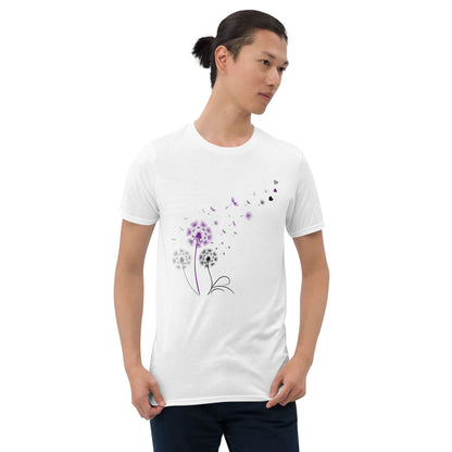 Man wearing a white t-shirt with a floral design on a white background