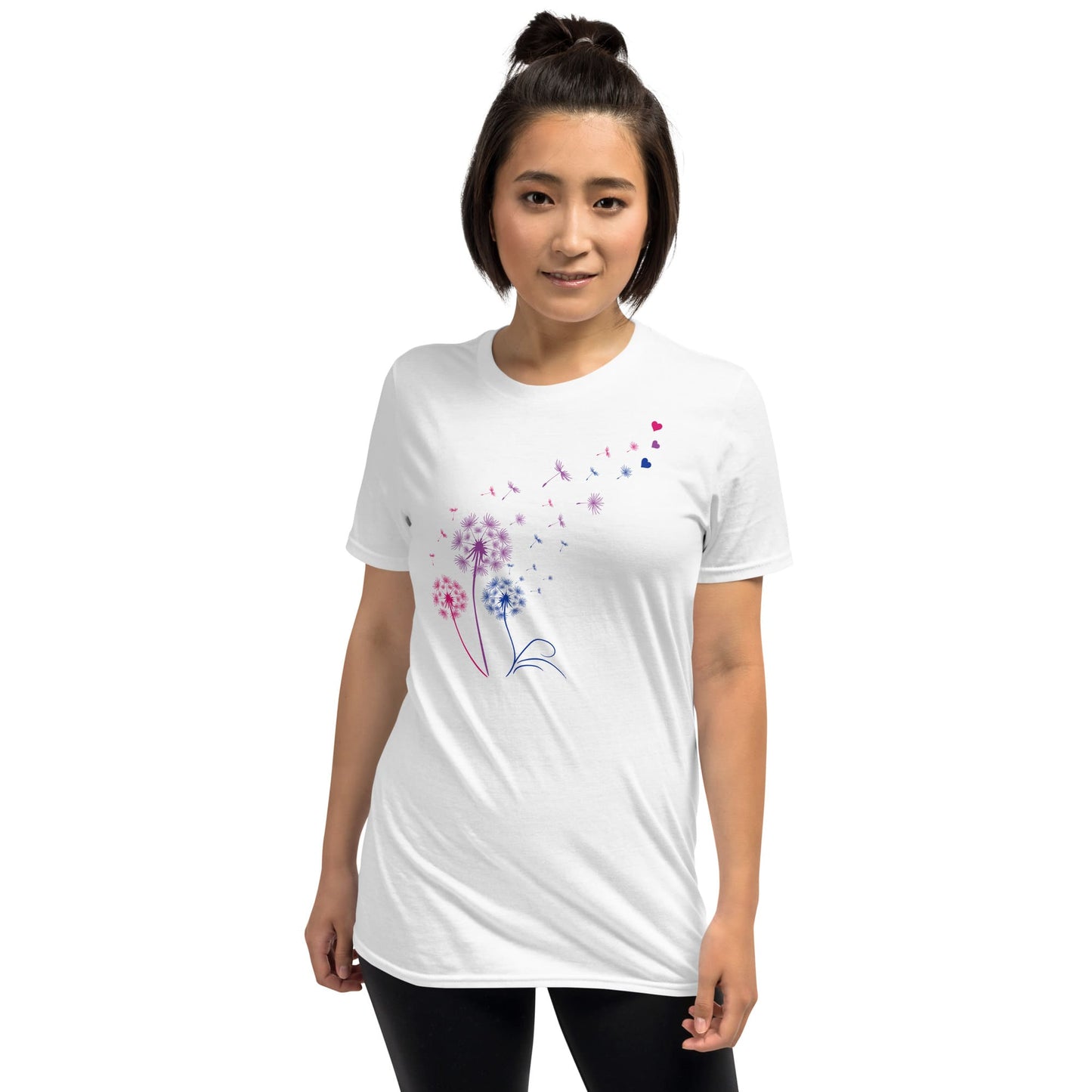 bisexual shirt, discreet bi pride dandelion, model