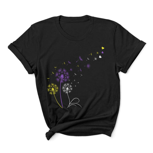 Black t-shirt with colorful dandelion graphic on a white background