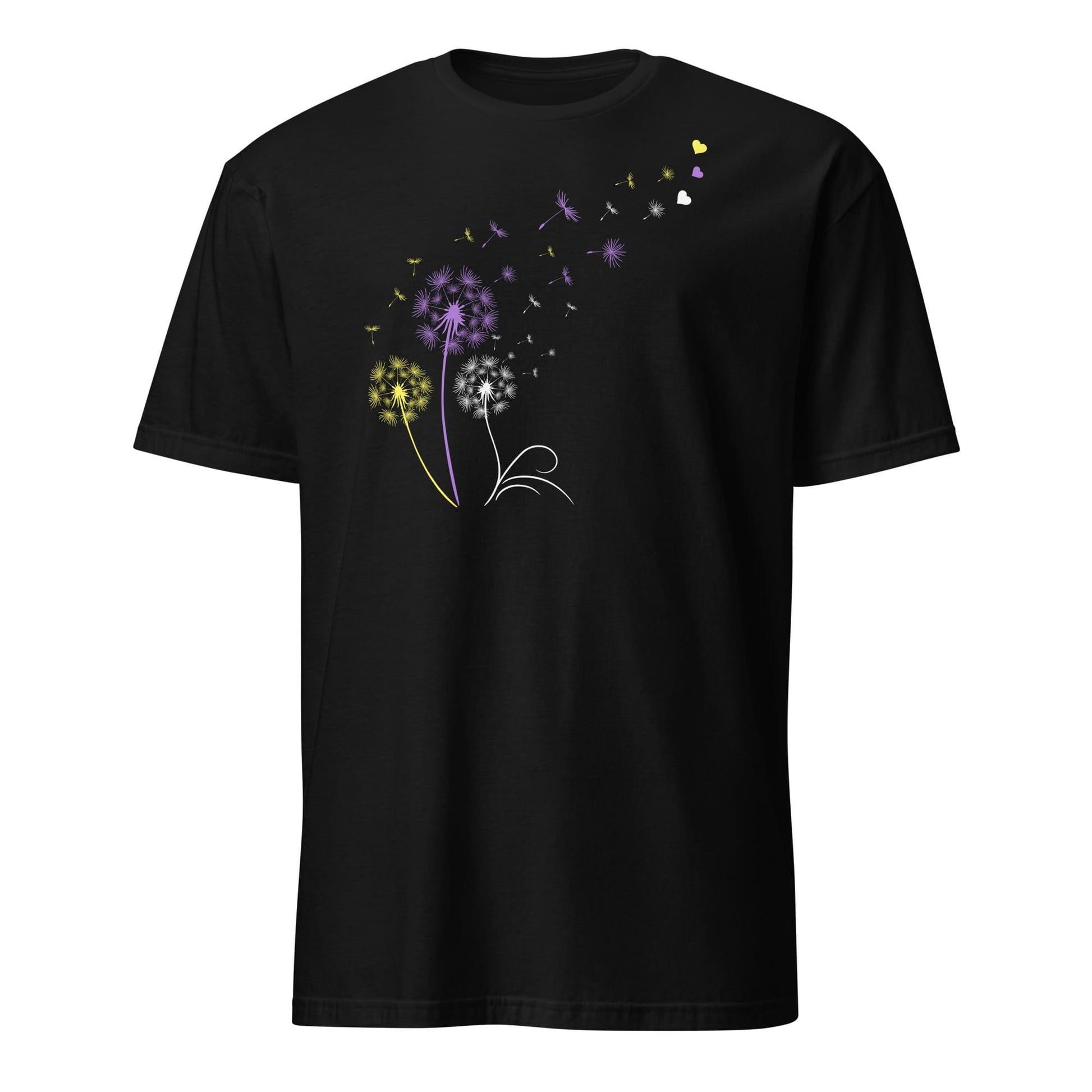 Black t-shirt with a colorful dandelion graphic on a white background