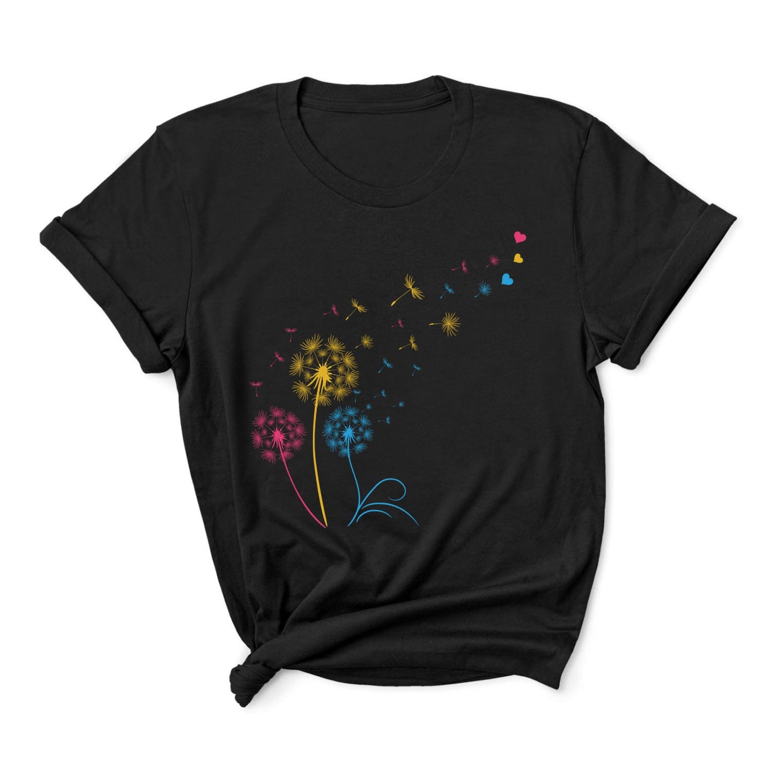Black t-shirt with colorful pan pride dandelion graphic on a white background