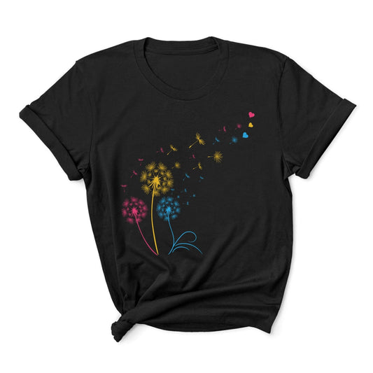 Black t-shirt with colorful pan pride dandelion graphic on a white background