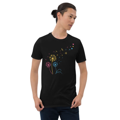 Person wearing a black t-shirt with colorful dandelion design on a white background