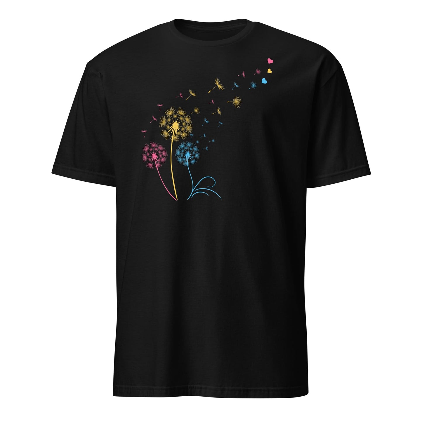 Black t-shirt with colorful dandelion graphic on a white background
