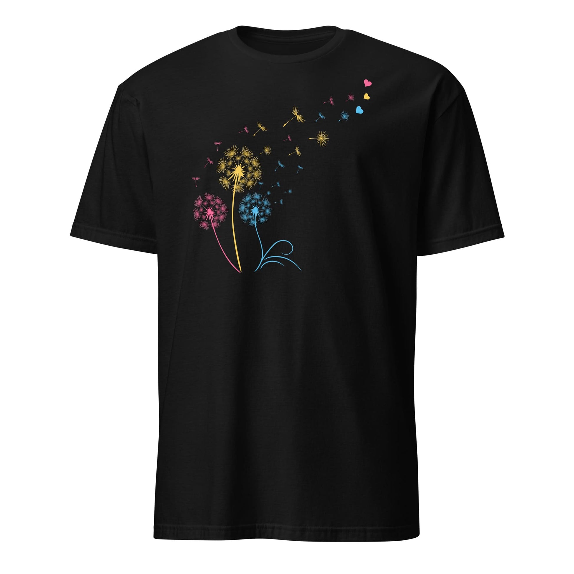 Black t-shirt with colorful dandelion graphic on a white background