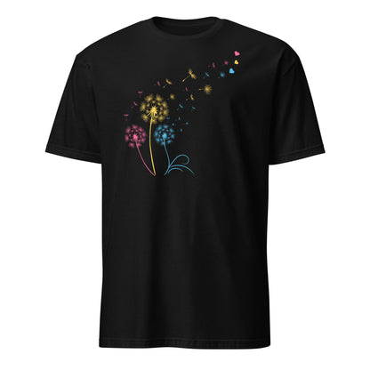 Black t-shirt with colorful dandelion graphic on a white background