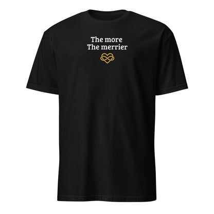 Black t-shirt with white text and yellow heart design on a white background: Subtle Polyamory Shirt, Funny Open Relationship Tee, Polyamorous Pride T-Shirt, Non Monogamy, Polycule Gift For Big Middle Little Spoon